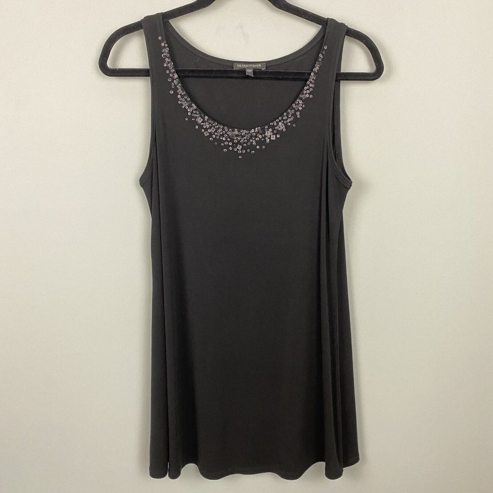 Eileen Fisher Sz Small Women 100% Silk Sleeveless Top Tank Black Sequin Blouse